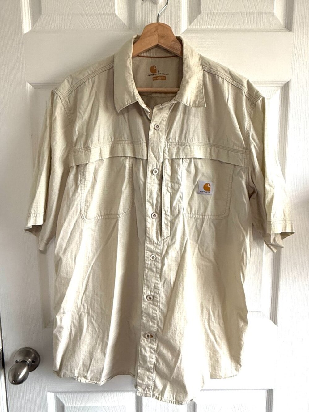 Carhartt Force Relaxed Fit Beige Button Up Work Short Sleeve Shirt Mens Size L